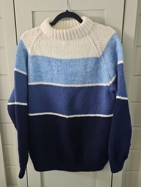 Hand Crafted Men’s Striped Crewneck Sweater — Cream, Light Blue & Navy Ptp23 L27